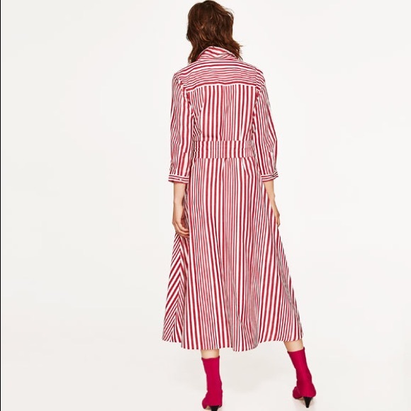 NWT Zara Red White Striped Belted Shirt Midi Dress - Picture 8 of 8